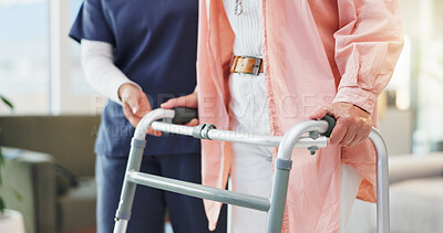 Buy stock photo Nurse, hands and walker with elderly for assisted living, mobility or rehabilitation in home. Caregiver, physiotherapist or helping senior person with a disability for movement, balance or recovery
