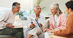 Women, meeting or discussion in home with books, church group or talking for bible study. Happy, friends or conversation in lounge with communication, religion or gathering for faith connection