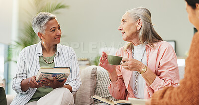 Buy stock photo Meeting, senior and women in book club with coffee, discussion and conversation in retirement home. Hobby, elderly and female people in reading group with tea, novel review and story recommendation