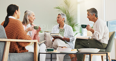 Buy stock photo Book club, friends and senior women in home, retirement and review of novel, discussion and bonding. Talking, reader and elderly people with hobby in lounge, snacks and criticism of story in house