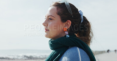 Buy stock photo Face, profile and thinking with woman on beach in morning for inspiration, fresh air or travel. Blue sky, idea and vision with person outdoor on space at coast for holiday, vacation or weekend