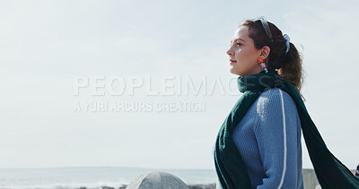 Buy stock photo Blue sky, profile and vision with woman on beach for daydreaming, fresh air or planning outdoor. Relax, thinking and travel with person on space at coast for adventure, awareness or wellness