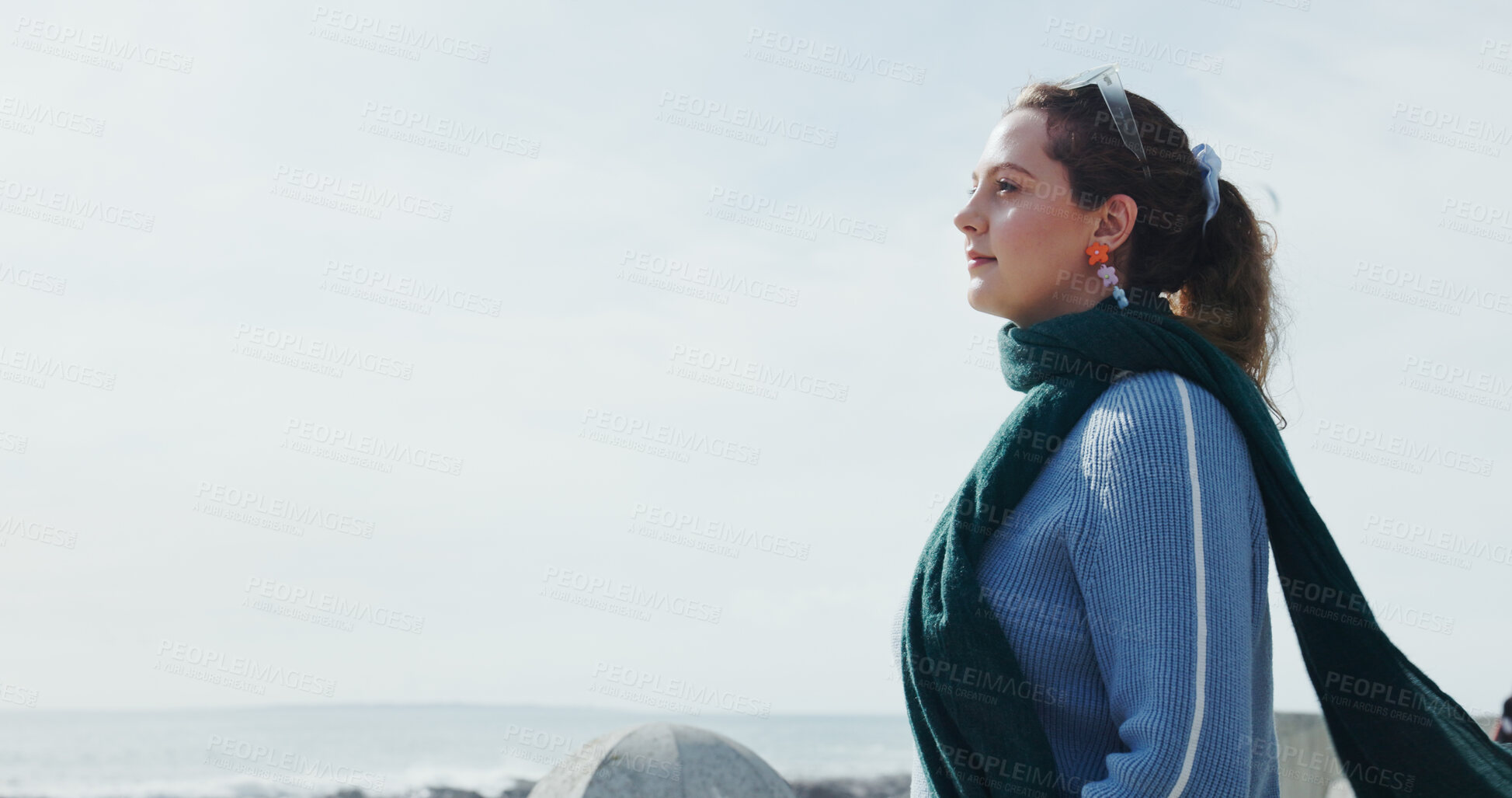 Buy stock photo Blue sky, profile and vision with woman on beach for daydreaming, fresh air or planning outdoor. Relax, thinking and travel with person on space at coast for adventure, awareness or wellness