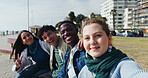 Peace sign, selfie and smile of friends on promenade together for bonding or summer break. Beach, city and photograph with group of people outdoor for memories, profile picture or social media