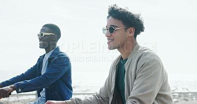 Buy stock photo Friends, cycling and men by ocean for travel on summer holiday, vacation and weekend together. Happy, promenade and people with eco friendly transport by sea for bonding, adventure and relax outdoor