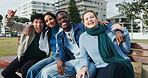 Smile, peace sign and portrait of friends in city for bonding, reunion and travel explore. Happiness, support and vacation destination with gen z group of people and hug on bench for adventure