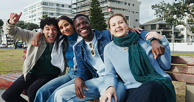 Buy stock photo Smile, relax and portrait of friends in city for bonding, reunion and travel holiday together. Happiness, support and vacation destination with gen z group of people and hug on bench for resting