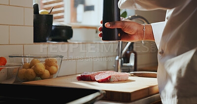 Buy stock photo Meal prep, kitchen counter or chef hands with food, brunch rush or season steak for restaurant customer. Cooking, professional or entrepreneur with salt for organic meat, nutrition or culinary skill
