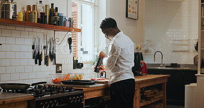 Buy stock photo Cooking, spice and steak with black man in kitchen of home for meal preparation or recipe. Culinary skills, flavor and protein food with chef person in apartment for diet, health or nutrition