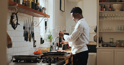 Buy stock photo Cooking, flavor and steak with black man in kitchen of home for meal preparation or recipe. Culinary skills, ingredients and protein food with chef person in apartment for diet, health or nutrition