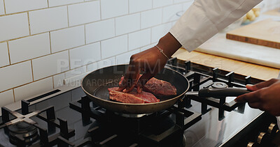 Buy stock photo Cooking, hands or chef with steak in frying pan for meal prep, searing process or enhance flavor. Culinary skill, person or grill beef protein in restaurant for healthy dish, nutrition or meat recipe