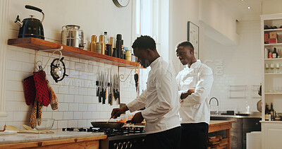 Buy stock photo Cooking class, instructions and process with black men in kitchen of home for culinary course. Food, learning and study with chef teaching student in apartment for lesson or skills development