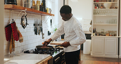 Buy stock photo Cooking, frying pan and steak with black man in kitchen of home for meal preparation or recipe. Culinary skills, food and protein with African chef in apartment for diet, health or nutrition
