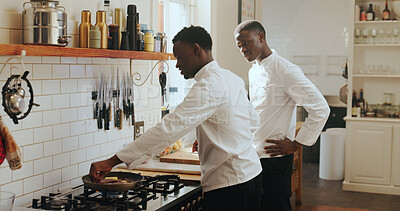Buy stock photo Cooking, instructions and learning with black men in kitchen of home for culinary course. Class, food and study with chef teaching student in apartment for private lesson or skills development