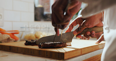 Buy stock photo Hands, chef and steak on cutting board at restaurant, kitchen and knife with cuisine for career. Person, cooking meat and culinary skills for catering services, gourmet food and ingredients at diner