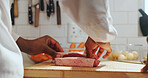 Hands, chef and season meat on cutting board at restaurant, kitchen and cuisine for career. Person, cooking and culinary skills with spices for catering services, gourmet food or ingredients at diner