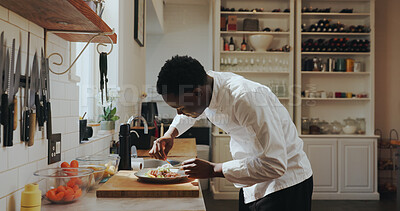 Buy stock photo Black man, chef and cooking at restaurant with cuisine, plate and steak with garnish for presentation. Person, food and culinary skills with ingredients at diner for job, catering or gourmet dish