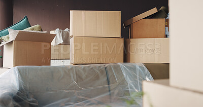 Buy stock photo Empty, room and boxes for move, home and property investment of apartment, real estate and mortgage. New house, furniture and lounge with cardboard for relocation, accommodation and organized package