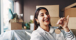 Woman, keys and portrait in new home with smile, boxes and excited for fresh start with property investing. Person, happy and moving with pride, confidence or relocation with real estate in Mexico