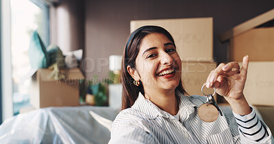 Buy stock photo Woman, keys and selfie in new home with smile, boxes and excited for fresh start with property investing. Person, happy and moving with social media, portrait or relocation with real estate in Mexico