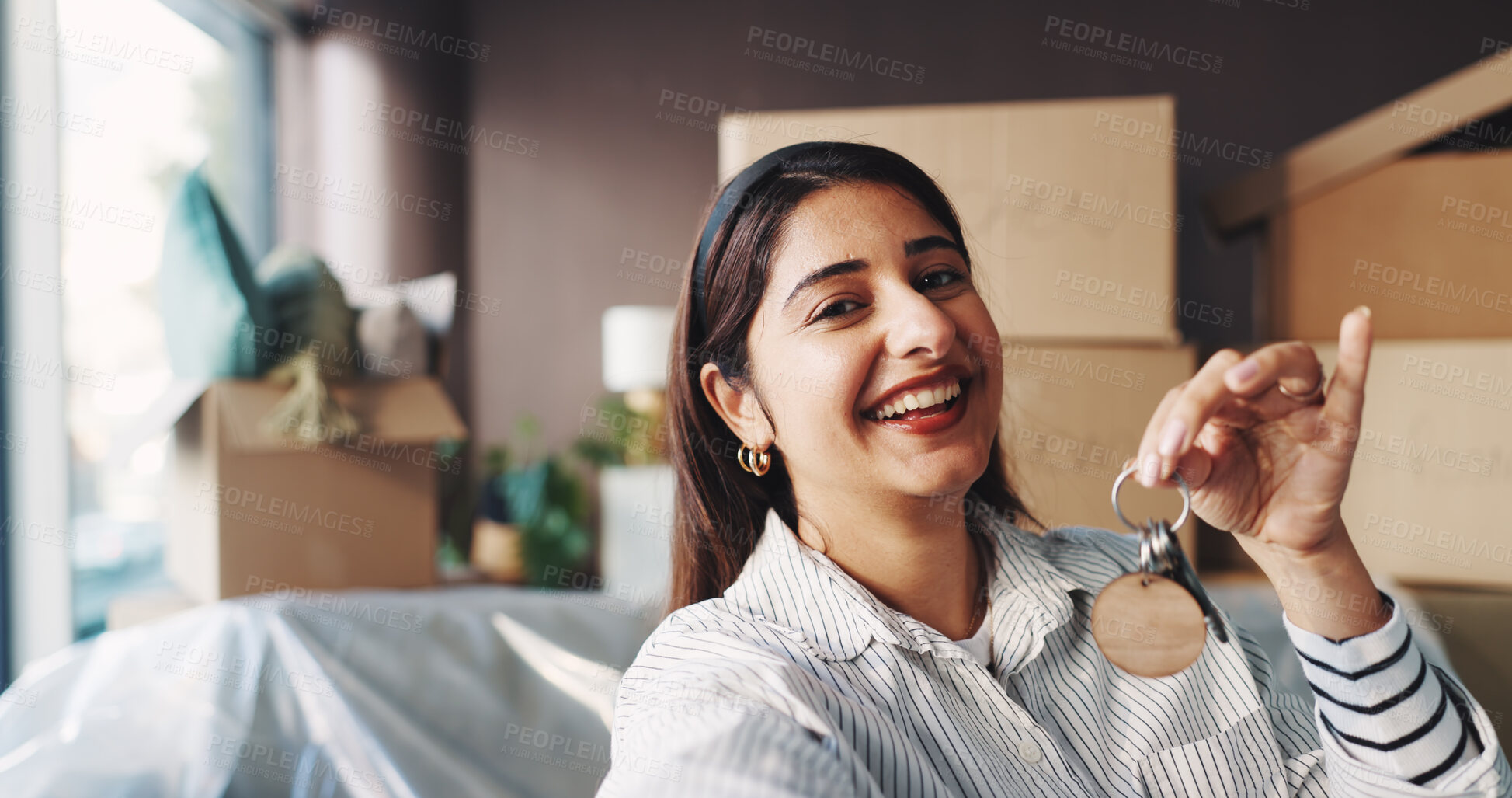 Buy stock photo Woman, keys and selfie in new home with smile, boxes and excited for fresh start with property investing. Person, happy and moving with social media, portrait or relocation with real estate in Mexico
