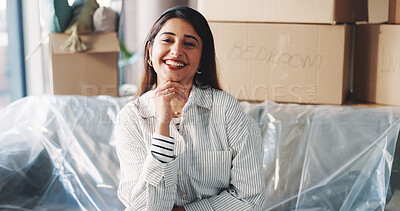 Buy stock photo Smile, portrait and moving with woman on sofa of new home for property investment, renovation and future. Relocation, furniture and real estate rental with person in living room of apartment