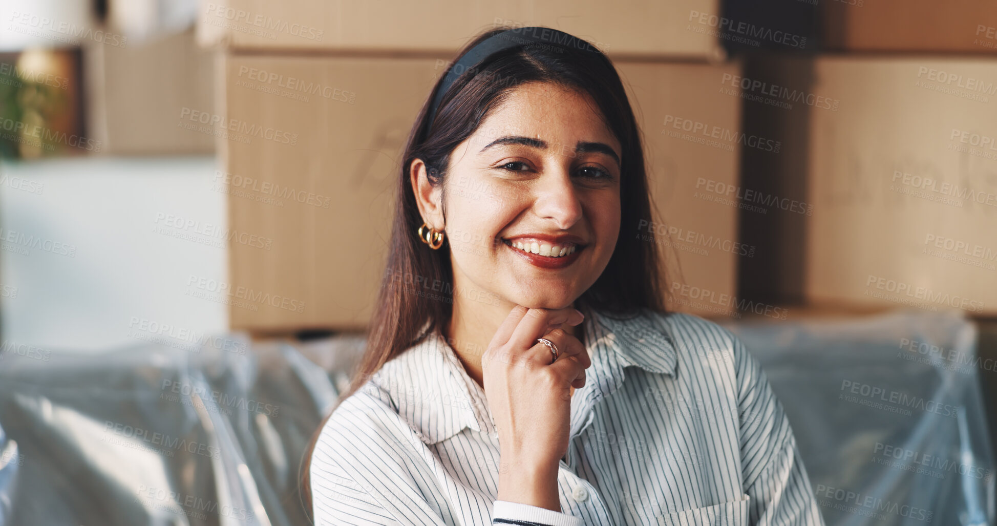Buy stock photo Happy, portrait and moving with woman on sofa of new home for property investment, renovation and future. Relocation, furniture and real estate rental with person in living room of apartment