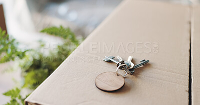 Buy stock photo Keys, new house and empty with boxes for moving, real estate investment and purchase with package. Cardboard container, outdoor and relocation with property sale, mortgage or rental at apartment