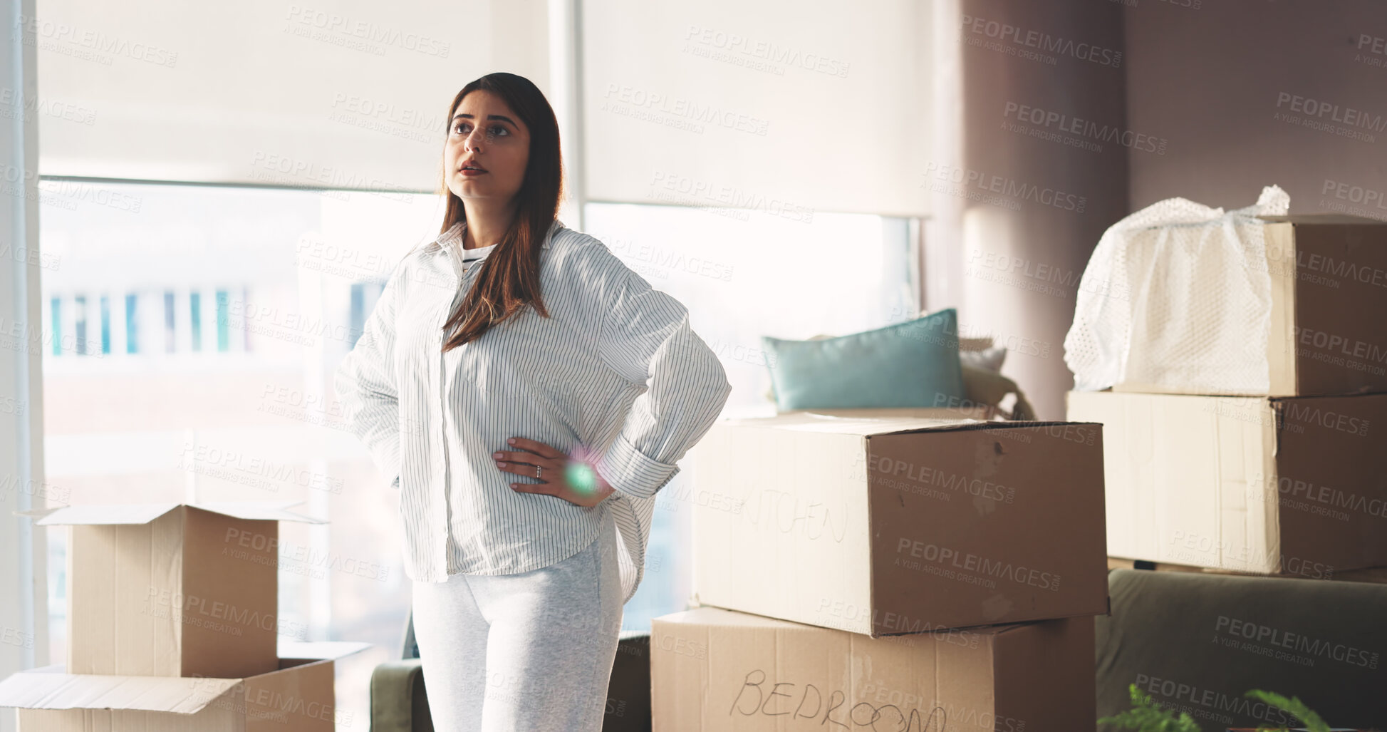 Buy stock photo Tired, thinking and moving with woman in new home for property investment, renovation and reflection. Relocation fatigue, furniture and real estate burnout with person for exhausted and vision