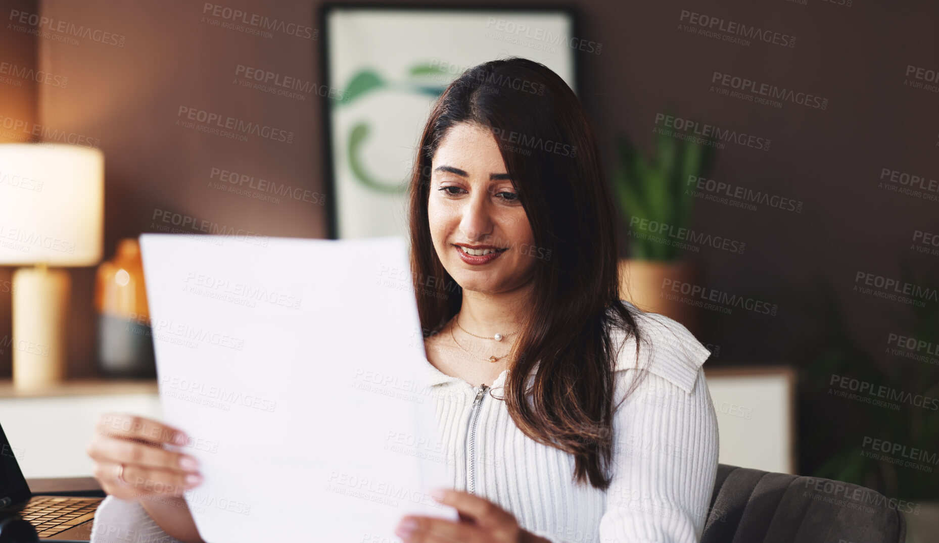 Buy stock photo Happy woman, accountant and reading with document for invoice, budget or small business finance. Female person, accounting or smile with paperwork for online purchase, financial statement or bills