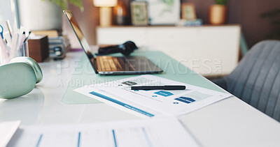 Buy stock photo Headphones, laptop and paperwork on desk in home office for planning, remote work or research. Computer, creative workstation and documents in empty apartment for freelance or small business startup