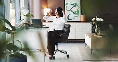 Buy stock photo Happy woman, fist pump and winning with laptop for good news, achievement or small business success. Excited, female person or florist with smile for online order, bonus or sustainable funding deal