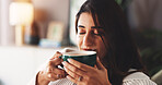 Relax, coffee and woman on sofa with ideas, inspiration and daydreaming in home. House, morning and female person in living room with reflection, warm beverage and thoughtful on weekend break