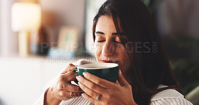 Buy stock photo Relax, coffee and woman on sofa with ideas, inspiration and daydreaming in home. House, morning and female person in living room with reflection, warm beverage and thoughtful on weekend break