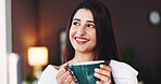 Smile, coffee and woman with thinking in home for morning start, daydreaming and planning day. Wondering, person and thoughtful with beverage in living room for happy memory, nostalgia and reflection