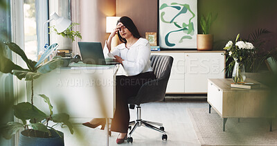 Buy stock photo Remote work, laptop and woman with headache in home office for workload, customer support or burnout. Virtual assistant, person and tech with migraine in house for appointment mistake or 404 glitch