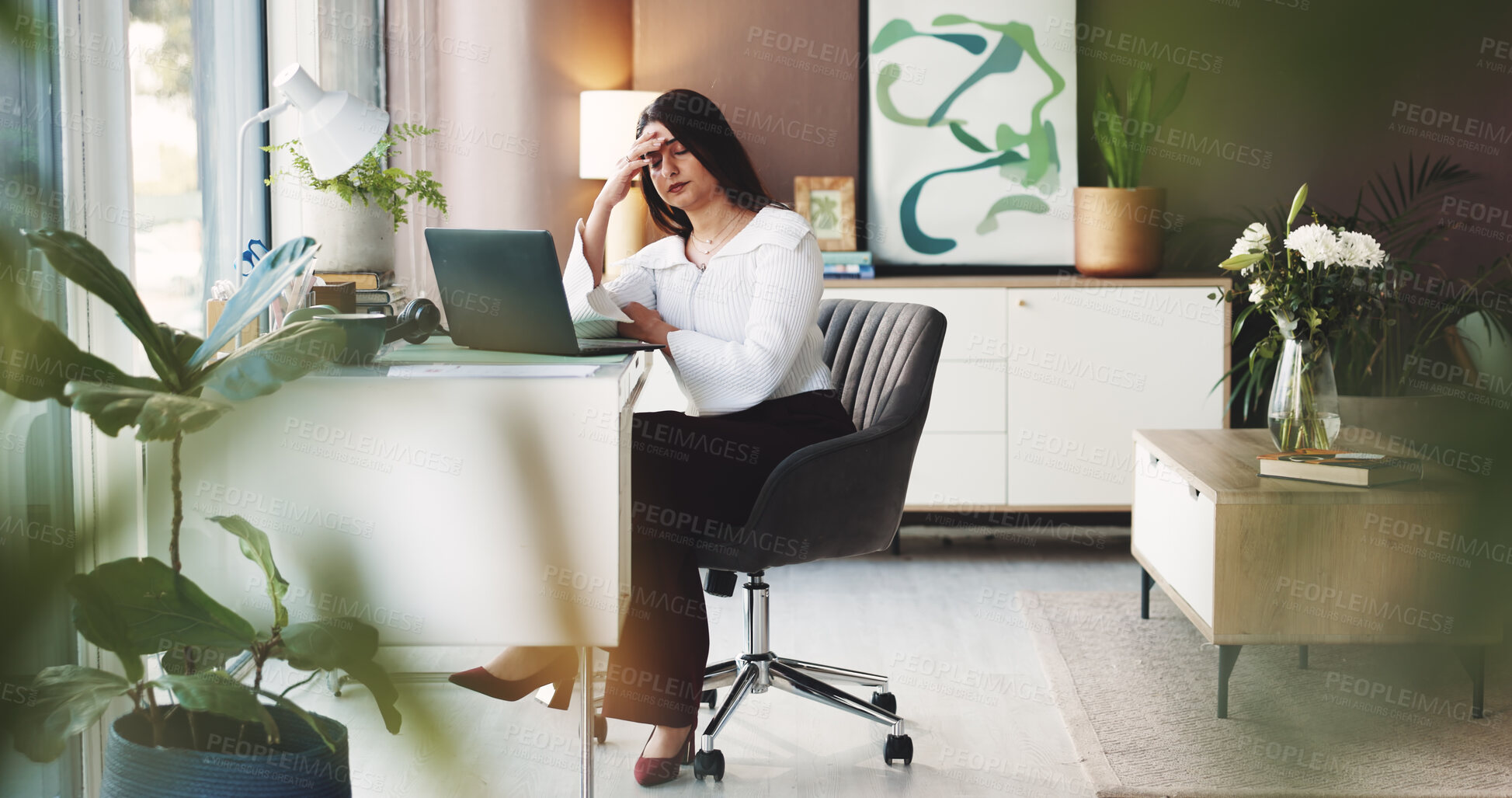 Buy stock photo Remote work, laptop and woman with headache in home office for workload, customer support or burnout. Virtual assistant, person and tech with migraine in house for appointment mistake or 404 glitch