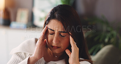 Buy stock photo Home, fatigue and woman with headache, burnout and anxiety in living room. House, tired person and girl with migraine, tension and brain fog with pressure or stress in lounge frustrated or annoyed