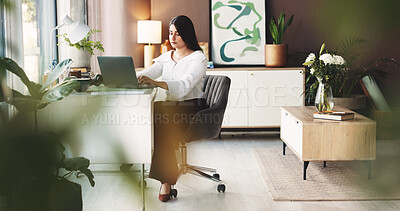Buy stock photo Business, laptop and woman in office, internet and email with research for news report. Editor, person and journalist in workplace, computer and copywriting with creative agency and review article