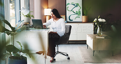 Buy stock photo Business, surprise and woman in office, laptop and announcement for investment growth. Person, employee and investor in workplace, pc and shocked with increase, bonus and promotion with sales profit