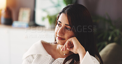 Buy stock photo Relax, thinking and woman on sofa with ideas, inspiration and daydreaming in home. House, morning and female person in living room with reflection, planning day and thoughtful on weekend break