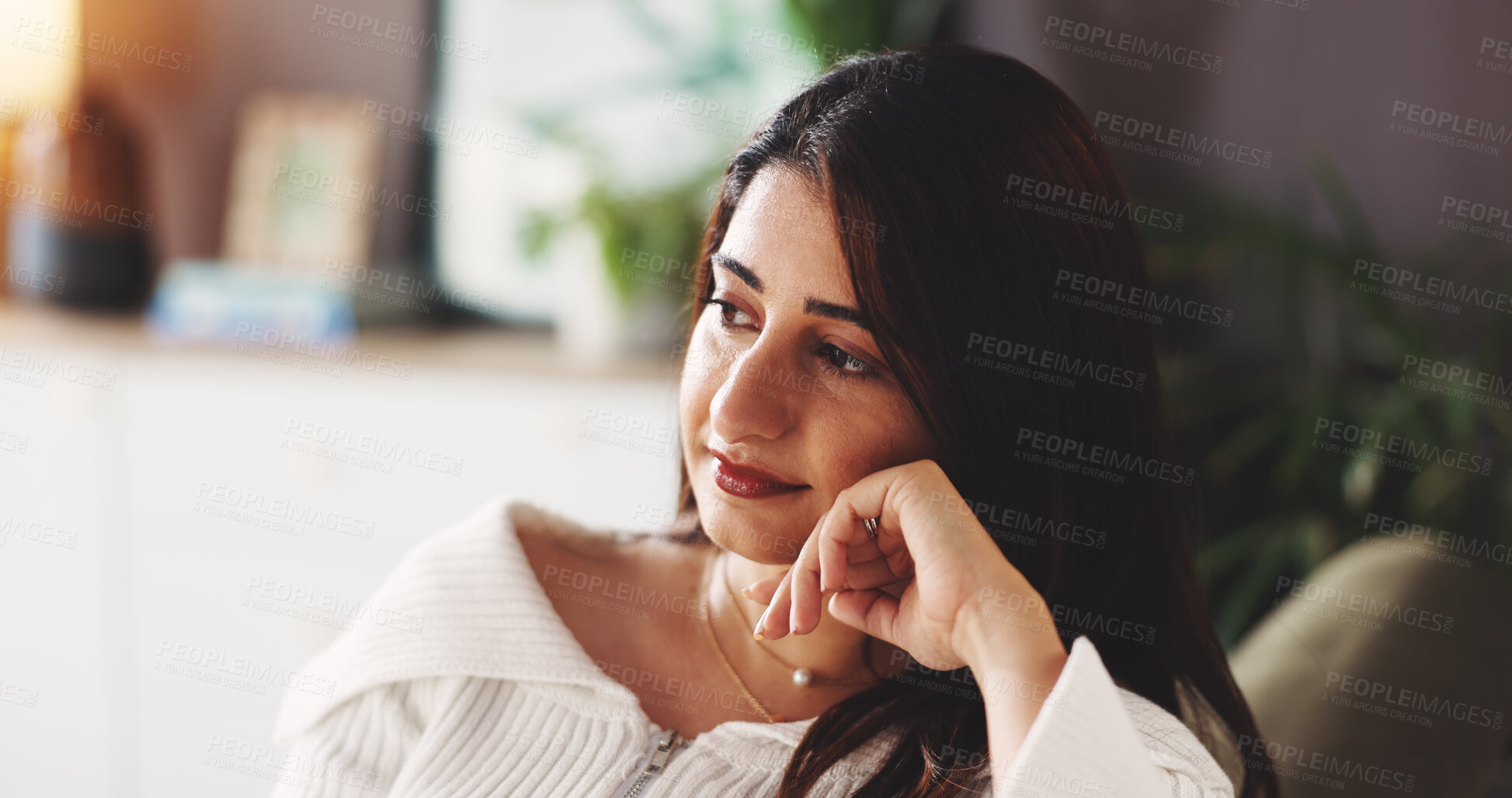 Buy stock photo Relax, thinking and woman on sofa with ideas, inspiration and daydreaming in home. House, morning and female person in living room with reflection, planning day and thoughtful on weekend break