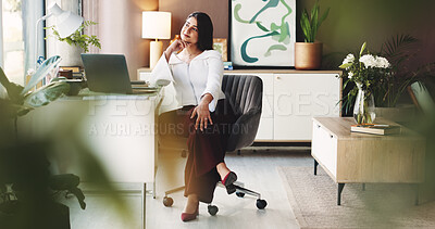 Buy stock photo Business, thinking and woman in office, laptop and planning for publication deadline. Person, magazine editor and journalist in workplace, pc and problem solving with ideas, brainstorming and choice