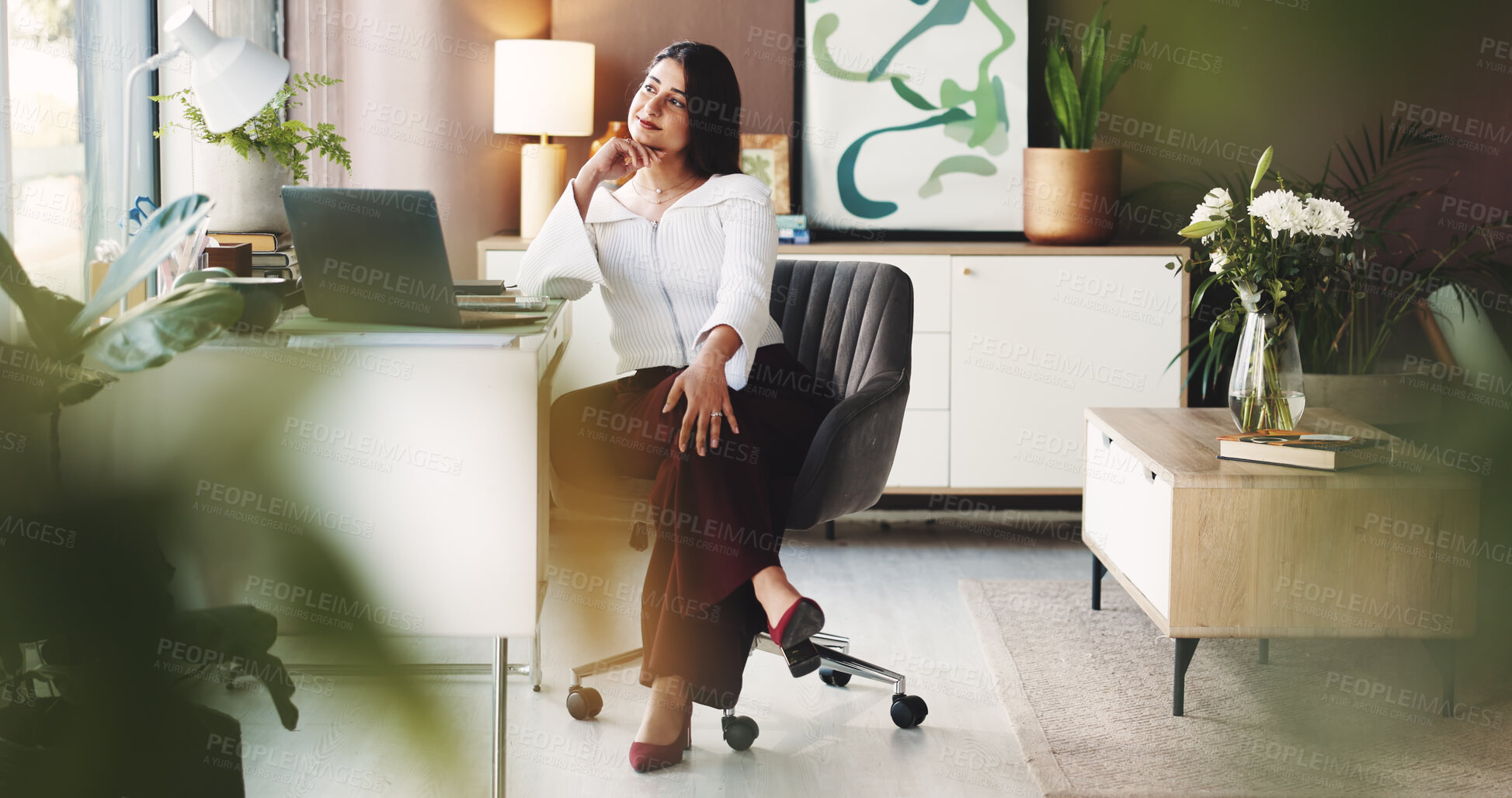 Buy stock photo Business, thinking and woman in office, laptop and planning for publication deadline. Person, magazine editor and journalist in workplace, pc and problem solving with ideas, brainstorming and choice