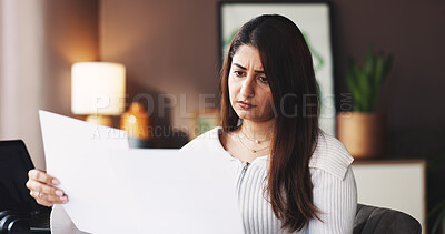 Buy stock photo Confused, business woman and document in office with bad news, mistake and crisis for project. Paperwork, anxiety and person with stress, worry and reaction for failure, proposal and review