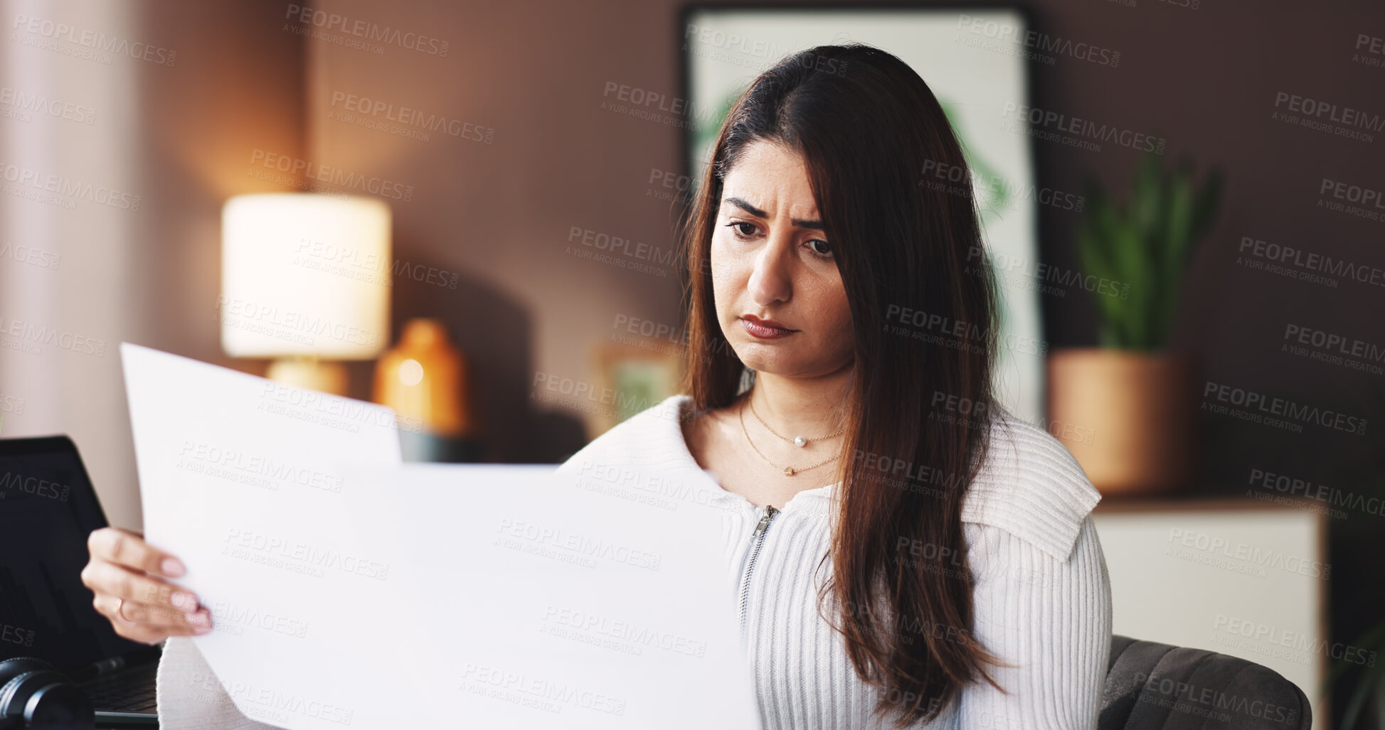 Buy stock photo Confused, business woman and document in office with bad news, mistake and crisis for project. Paperwork, anxiety and person with stress, worry and reaction for failure, proposal and review