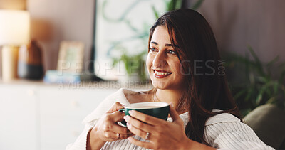 Buy stock photo Relax, coffee and woman on couch with smile, inspiration and daydreaming in home. House, morning and female person in living room with reflection, warm beverage and thoughtful on weekend break