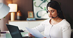 Woman, talk and headset with document at house for consulting, customer service and script. Agent, remote work and paperwork with mic to help client, account information and procedure manual for crm