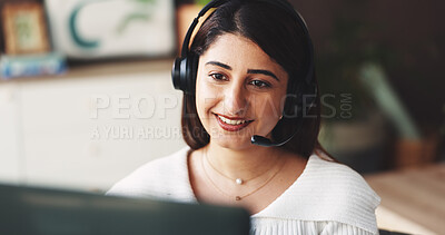Buy stock photo Smile, woman and laptop with headset at house for consulting, customer service and advice. Agent, remote work and pc with mic to help client, account information and faq procedure for crm assistance