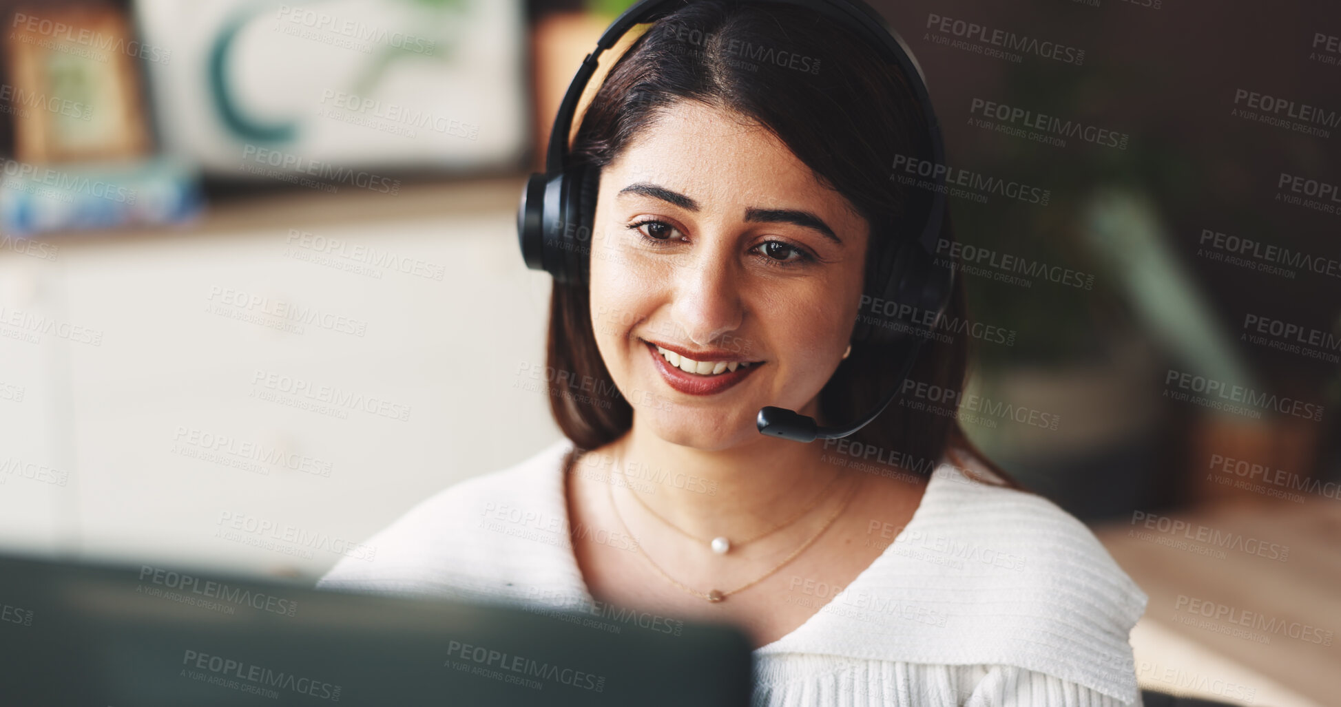 Buy stock photo Smile, woman and laptop with headset at house for consulting, customer service and advice. Agent, remote work and pc with mic to help client, account information and faq procedure for crm assistance